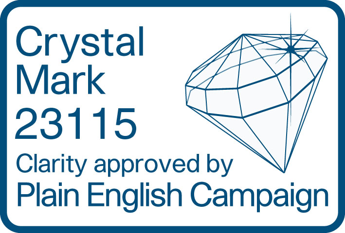 Crystal Mark 23115 - Clarity approved by Plain English Campaign